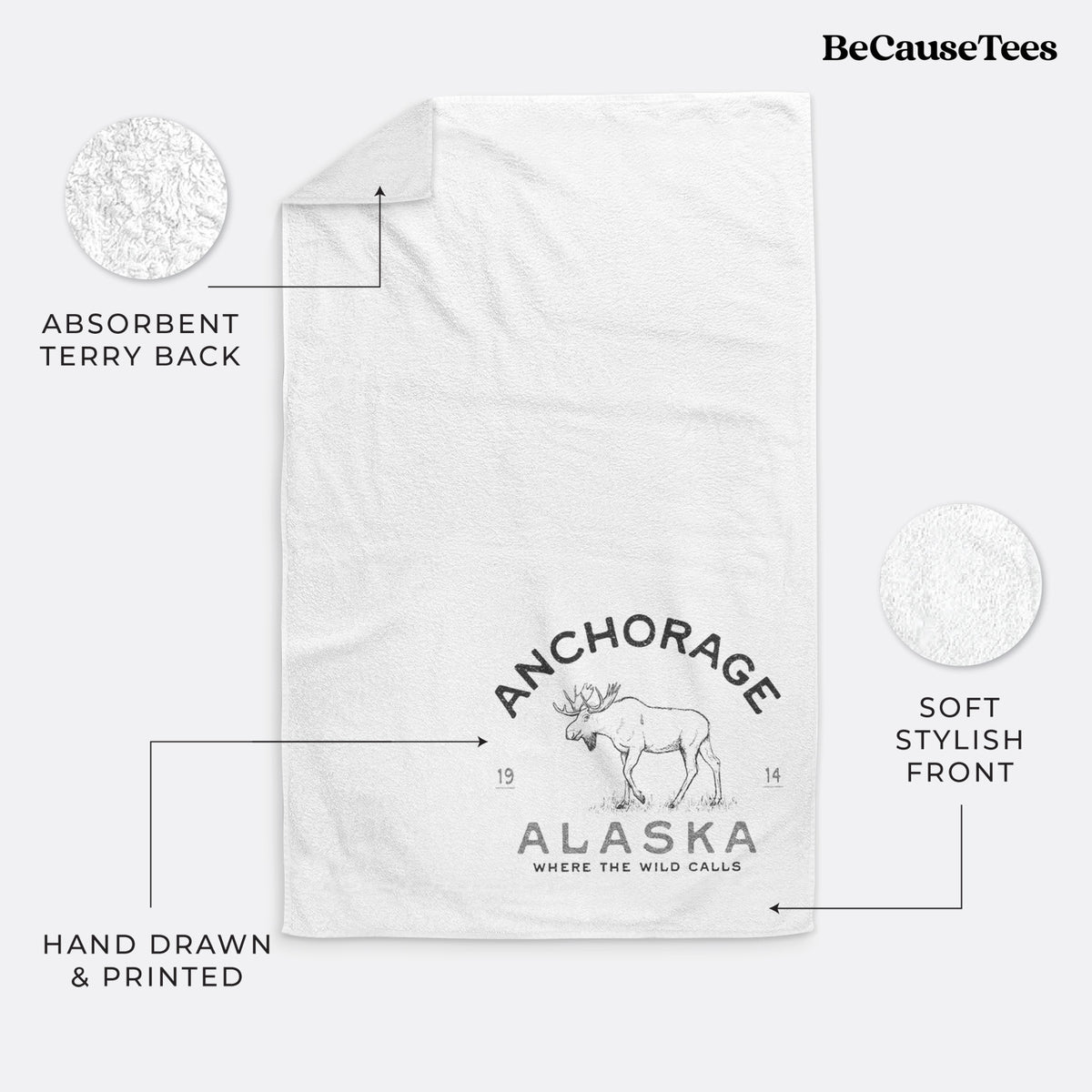 White hand towel printed with a black ink moose with the words Anchorage Alaska, 1914, Where the Wild Calls.
