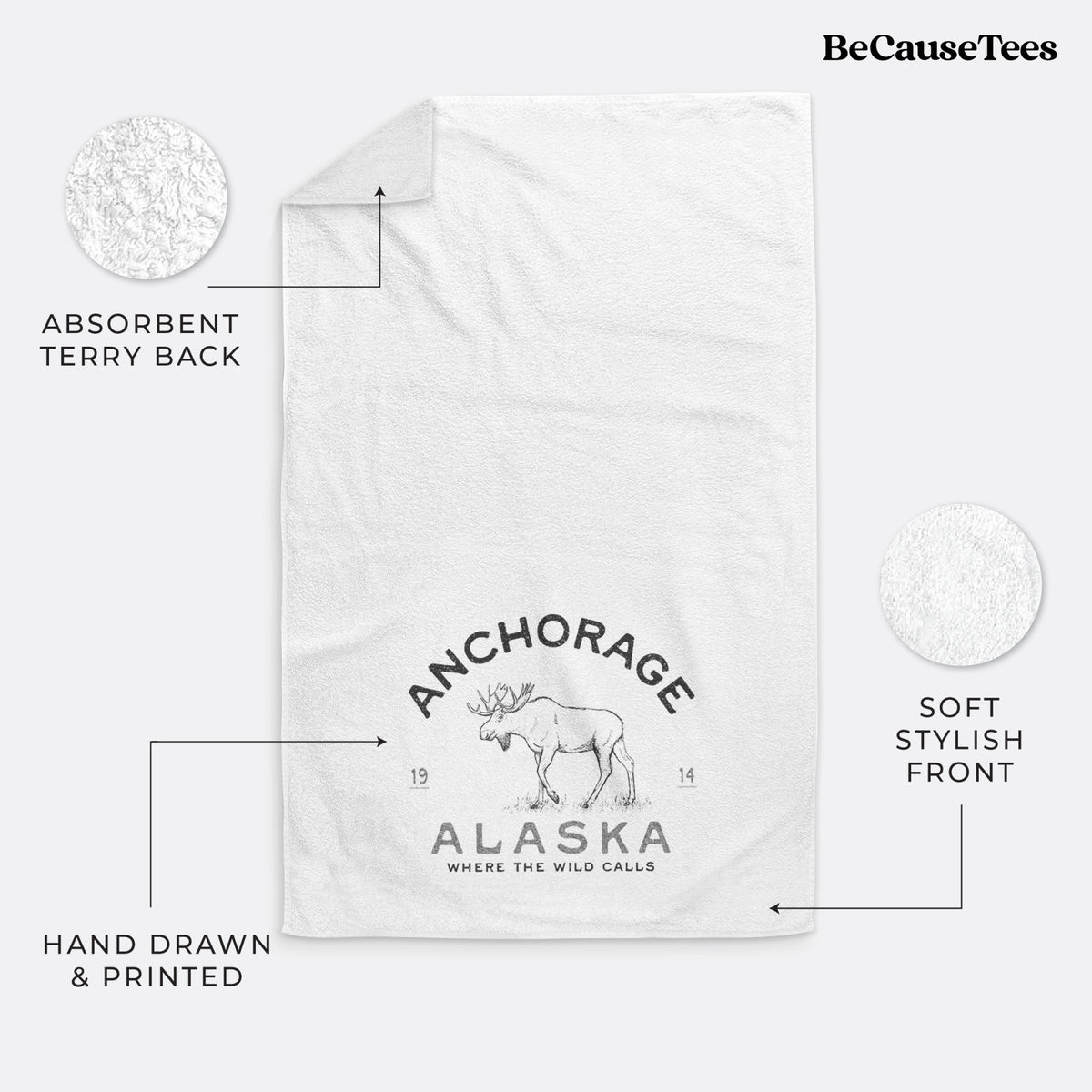 White hand towel printed with a black ink moose with the words Anchorage Alaska, 1914, Where the Wild Calls.