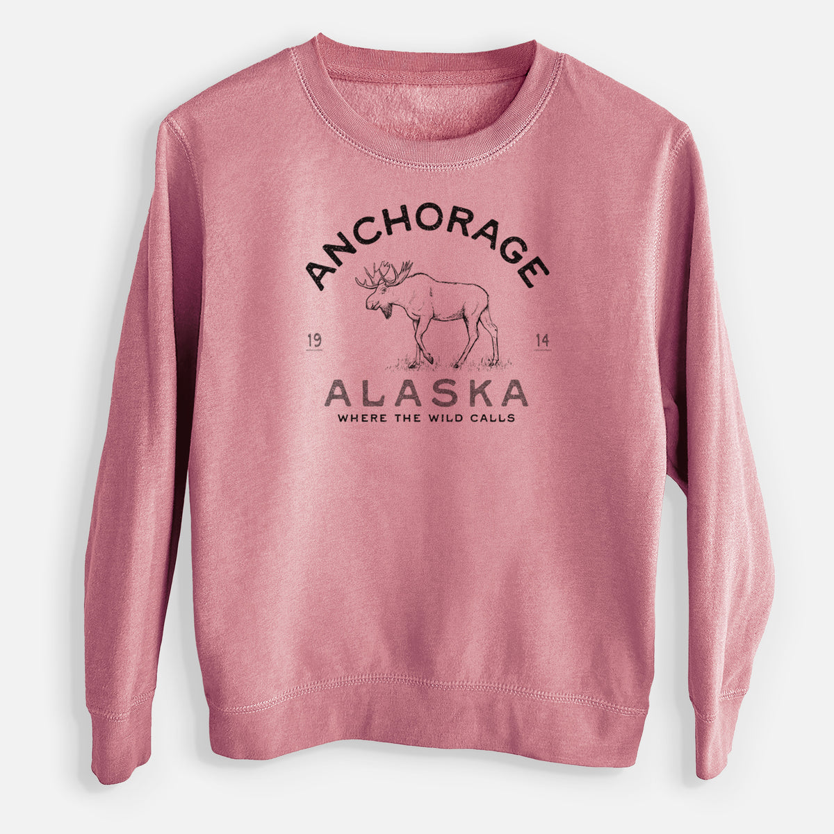 Mauve pink youth crewneck sweatshirt laid flat, printed with a black ink moose with the words Anchorage Alaska, 1914, Where the Wild Calls.