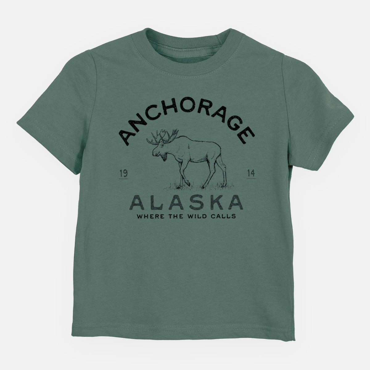 Basil green toddler t-shirt laid flat, printed with a black ink moose with the words Anchorage Alaska, 1914, Where the Wild Calls.