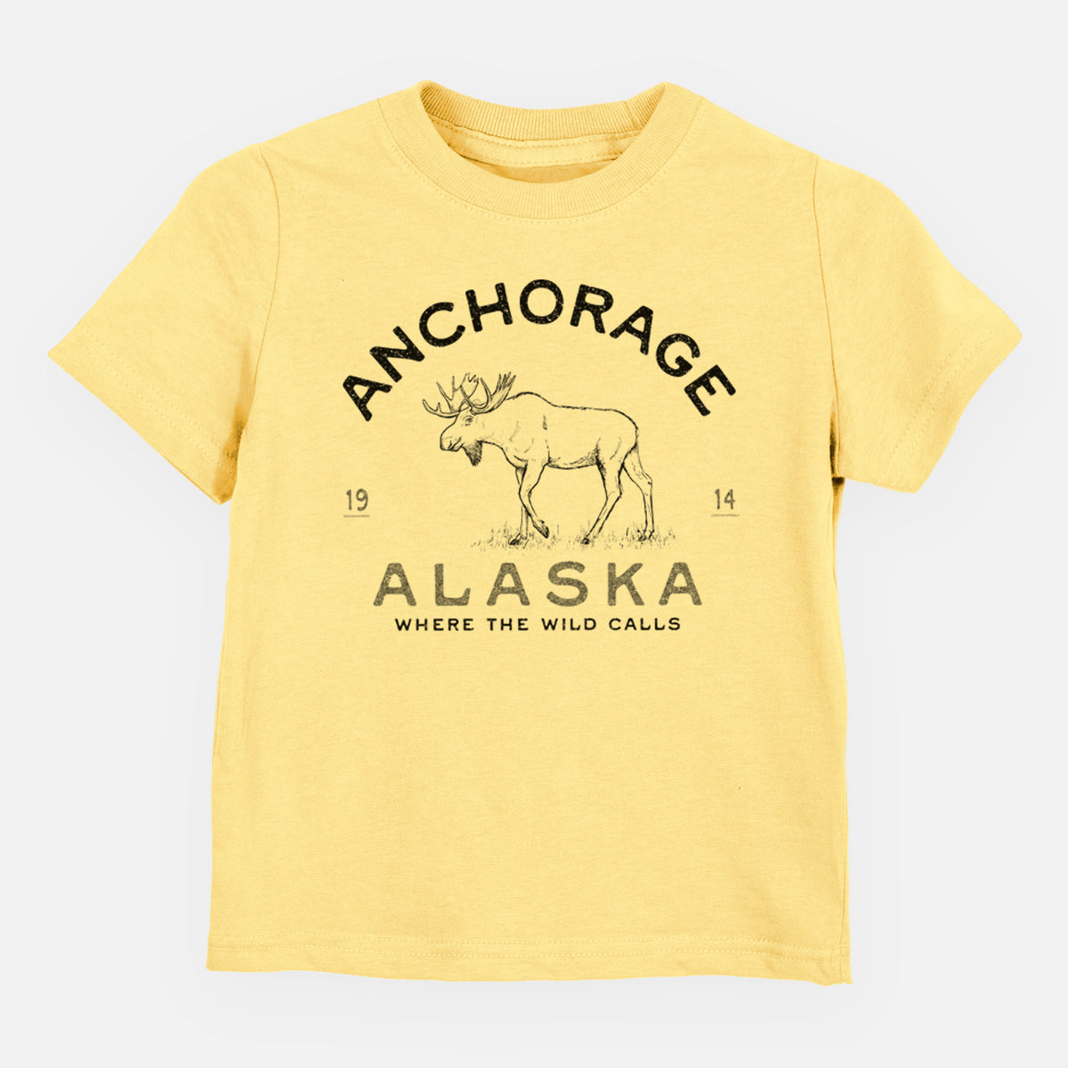 Butter yellow toddler t-shirt laid flat, printed with a black ink moose with the words Anchorage Alaska, 1914, Where the Wild Calls.