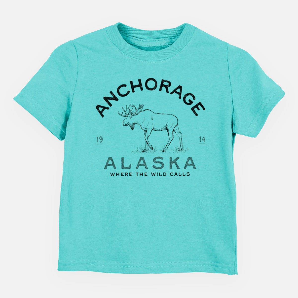 Caribbean blue toddler t-shirt laid flat, printed with a black ink moose with the words Anchorage Alaska, 1914, Where the Wild Calls.