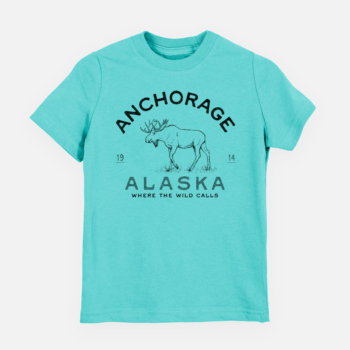 Caribbean blue youth t-shirt laid flat, printed with a black ink moose with the words Anchorage Alaska, 1914, Where the Wild Calls.
