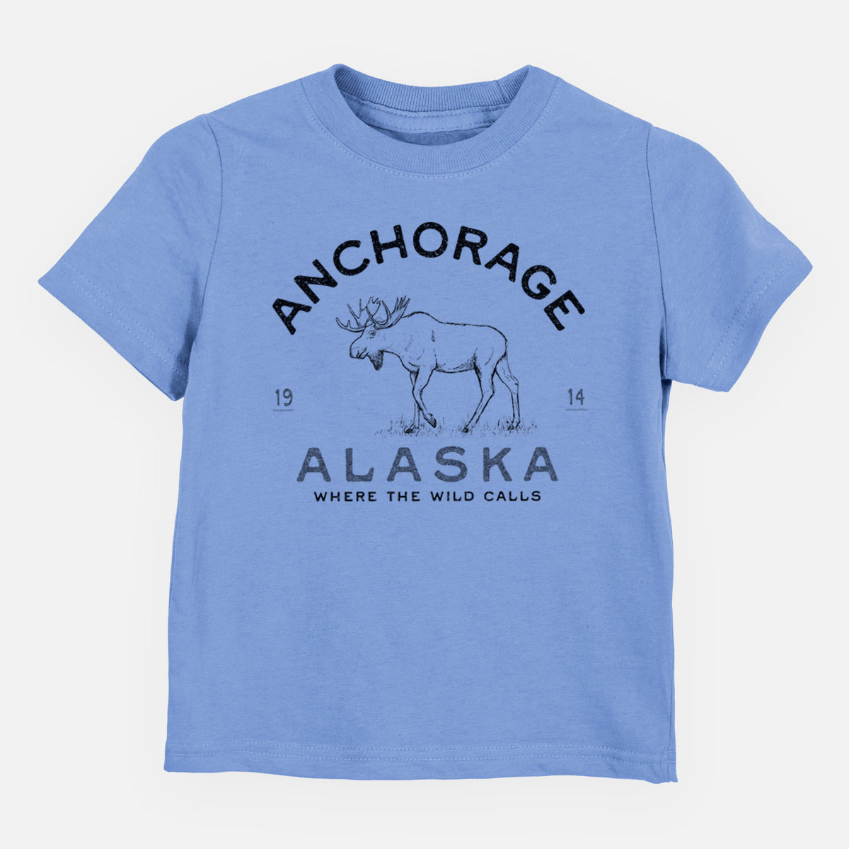 Carolina blue toddler t-shirt laid flat, printed with a black ink moose with the words Anchorage Alaska, 1914, Where the Wild Calls.