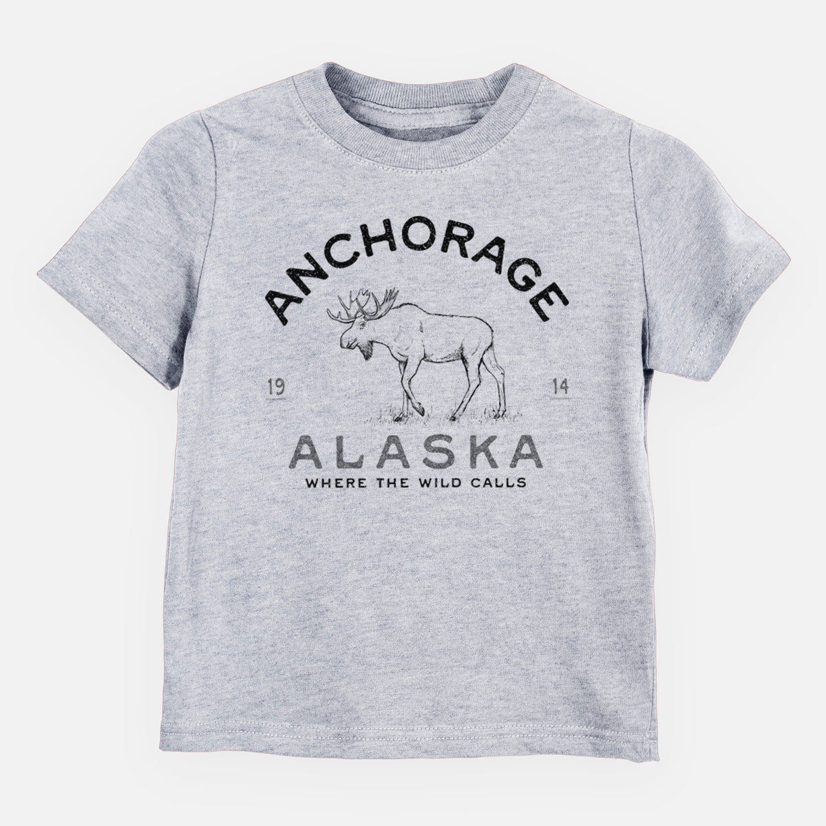Heather grey toddler t-shirt laid flat, printed with a black ink moose with the words Anchorage Alaska, 1914, Where the Wild Calls.