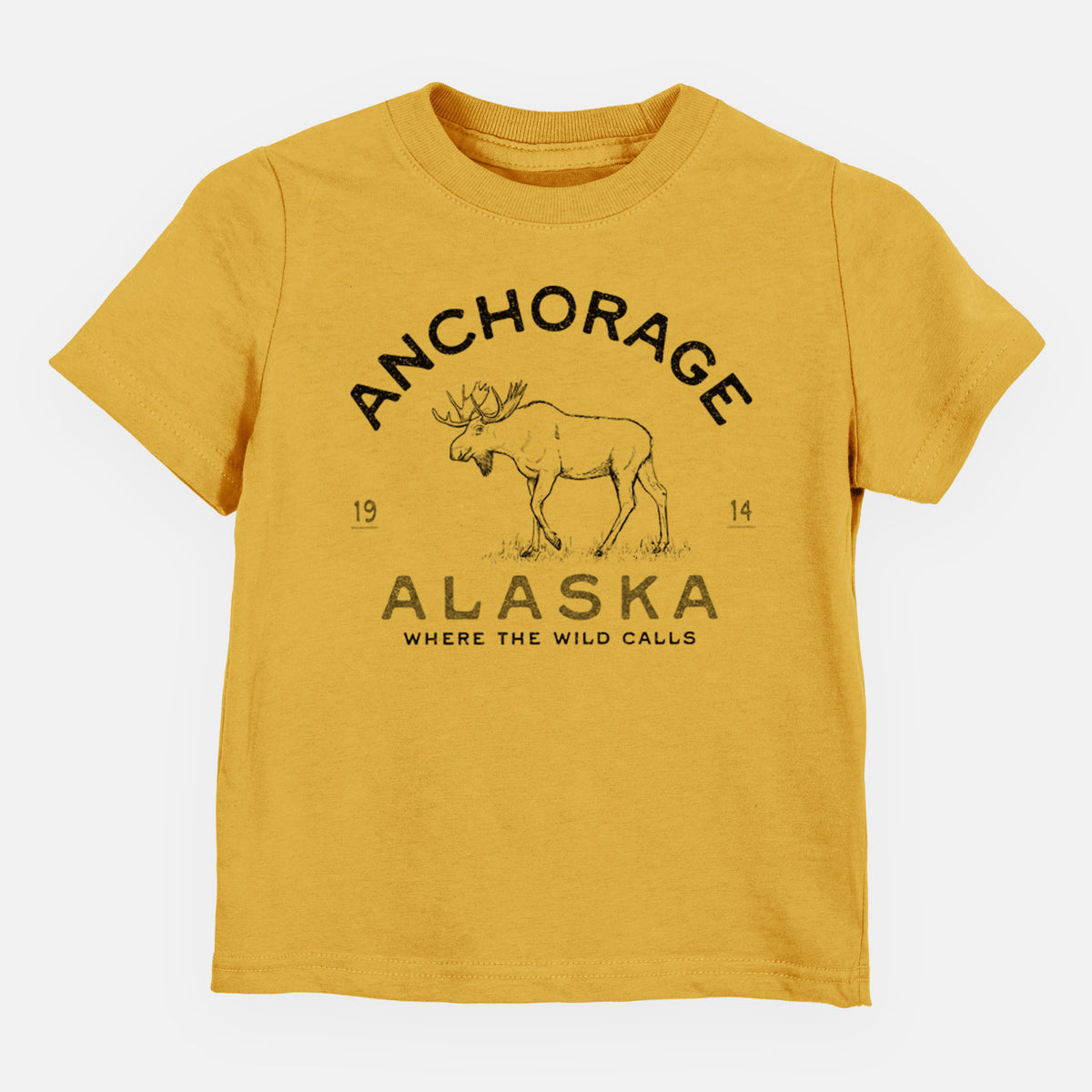 Honeycomb yellow toddler t-shirt laid flat, printed with a black ink moose with the words Anchorage Alaska, 1914, Where the Wild Calls.