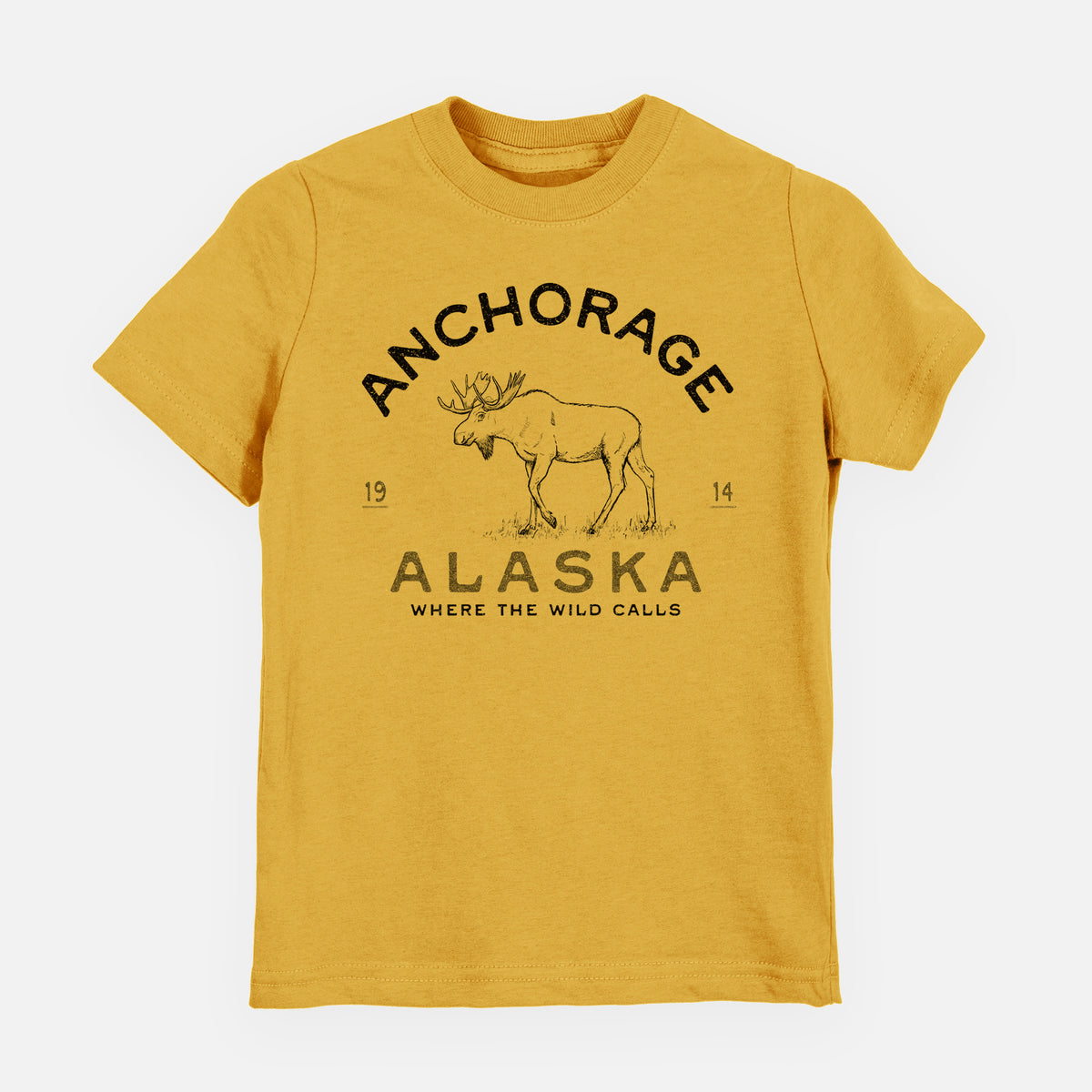 Honeycomb yellow youth t-shirt laid flat, printed with a black ink moose with the words Anchorage Alaska, 1914, Where the Wild Calls.
