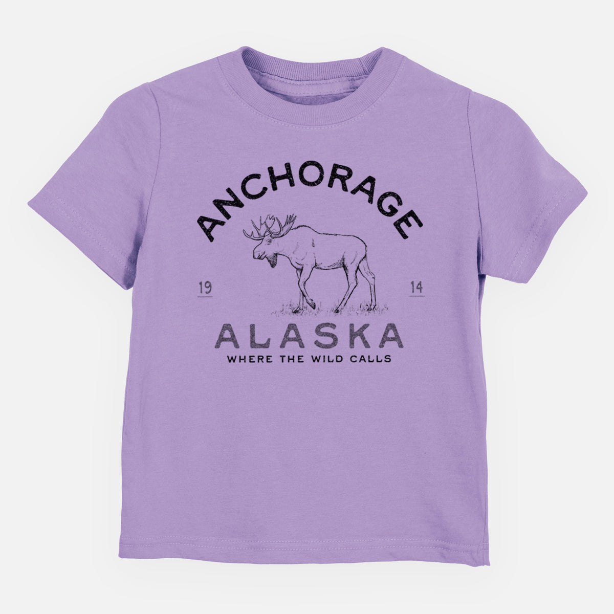 Lavender toddler t-shirt laid flat, printed with a black ink moose with the words Anchorage Alaska, 1914, Where the Wild Calls.