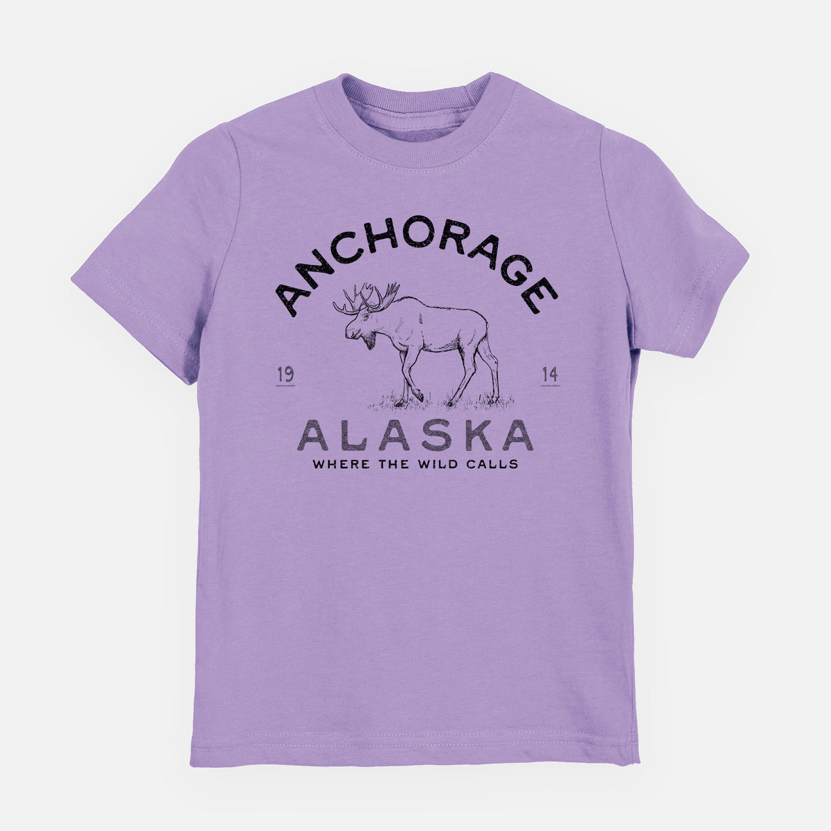 Lavender youth t-shirt laid flat, printed with a black ink moose with the words Anchorage Alaska, 1914, Where the Wild Calls.