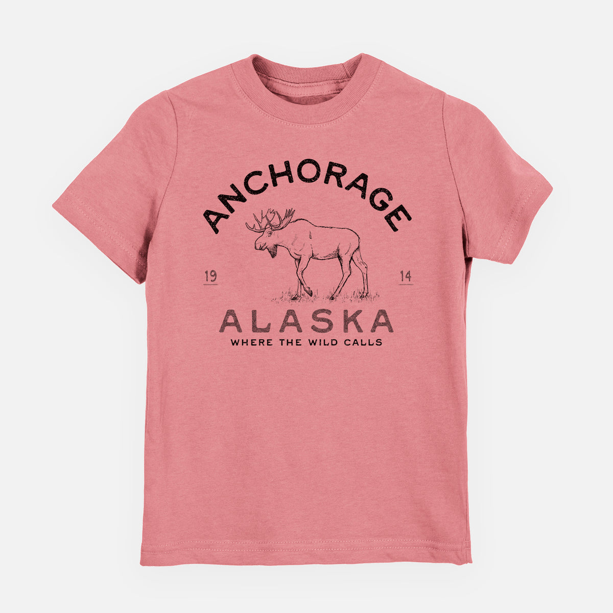 Mauve pink youth t-shirt laid flat, printed with a black ink moose with the words Anchorage Alaska, 1914, Where the Wild Calls.