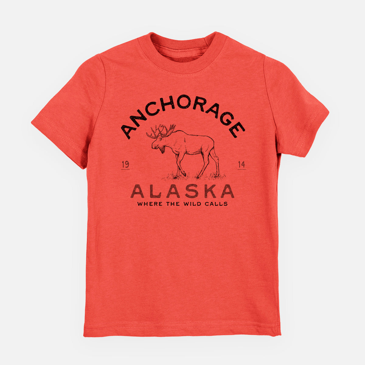Passionfruit pink youth t-shirt laid flat, printed with a black ink moose with the words Anchorage Alaska, 1914, Where the Wild Calls.