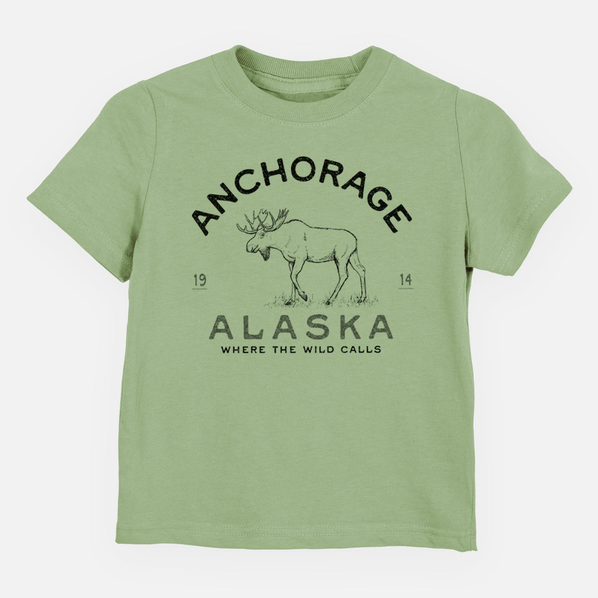 Sage green toddler t-shirt laid flat, printed with a black ink moose with the words Anchorage Alaska, 1914, Where the Wild Calls.