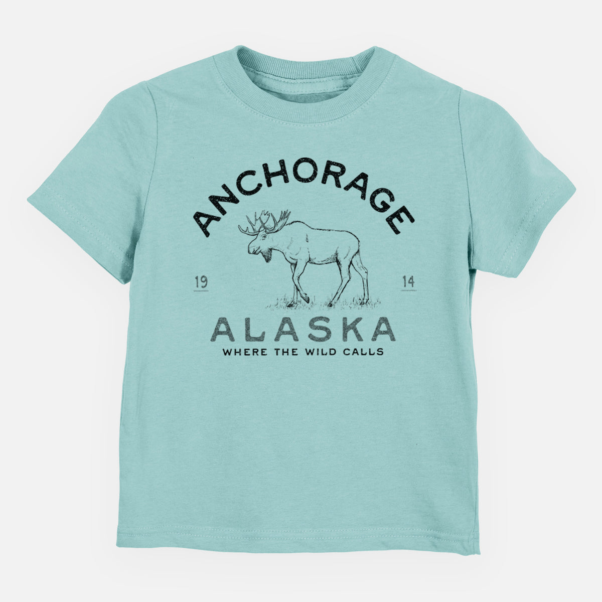 Saltwater toddler t-shirt laid flat, printed with a black ink moose with the words Anchorage Alaska, 1914, Where the Wild Calls.
