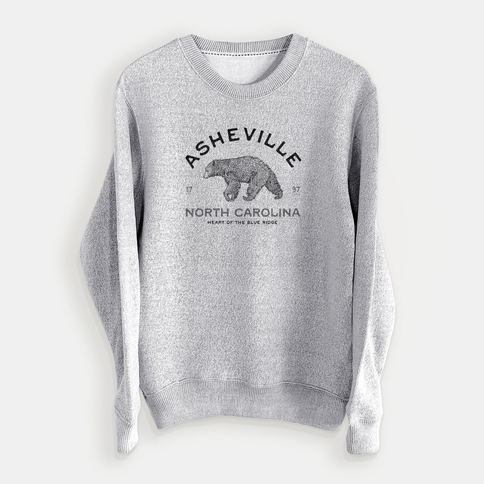 Salt and pepper knit sweatshirt laid flat, printed with a black ink bear with the words Asheville North Carolina, Heart of the Blue Ridge.
