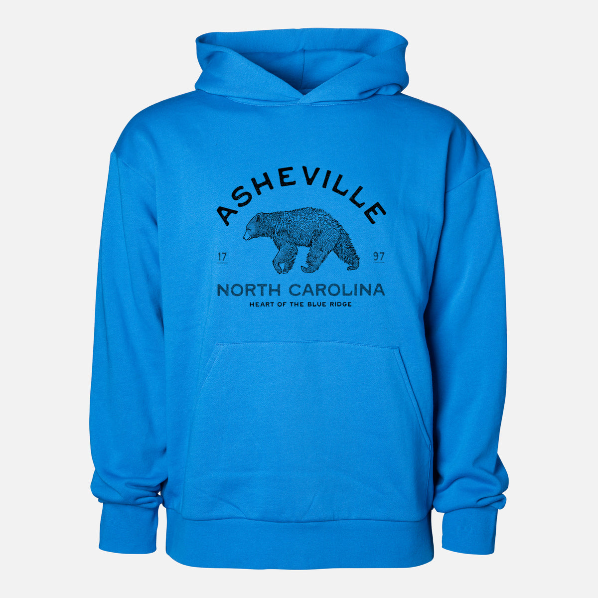 Asheville North Carolina - Black Bear - Statement Midweight Hoodie in Azure Blue, shown from the front with the design printed on the chest above a front kangaroo pocket.