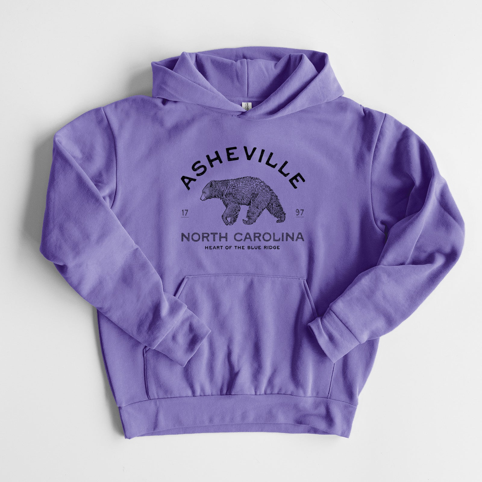 Asheville North Carolina - Black Bear - Statement Midweight Hoodie in Violet, laid flat, showing the oversized boxy fit and front kangaroo pocket.