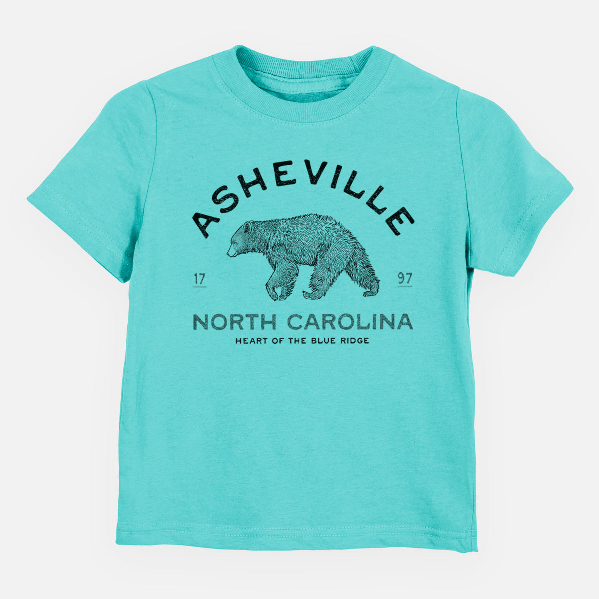 Caribbean blue toddler t-shirt laid flat, printed with a black ink bear with the words Asheville North Carolina, Heart of the Blue Ridge.