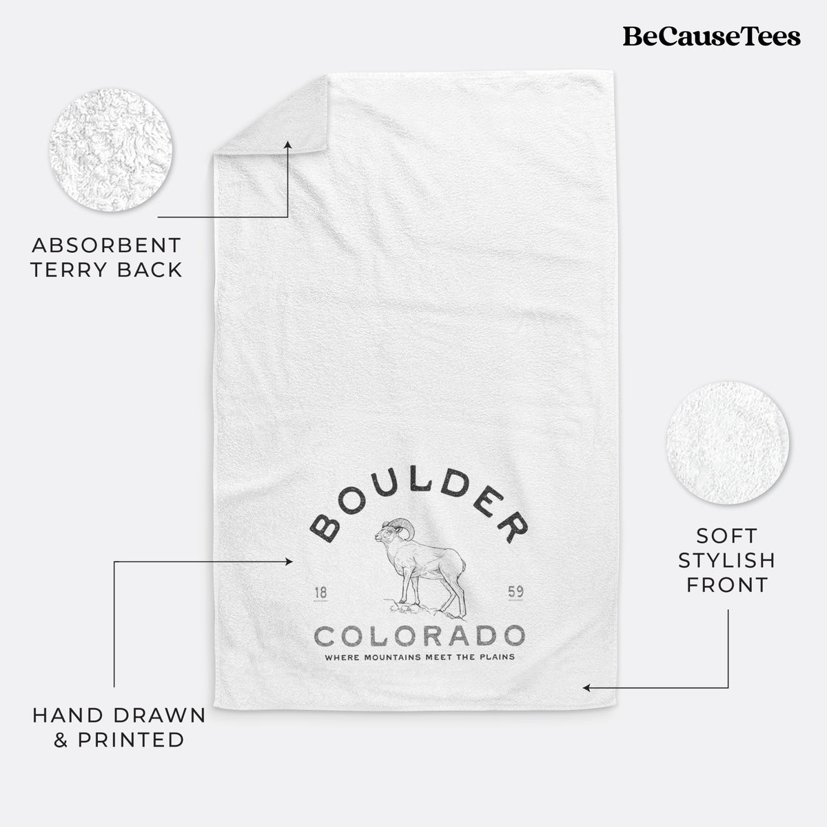 White hand towel printed with a black ink bighorn sheep with the words Boulder Colorado, Where Mountains Meet the Plains, 1859.