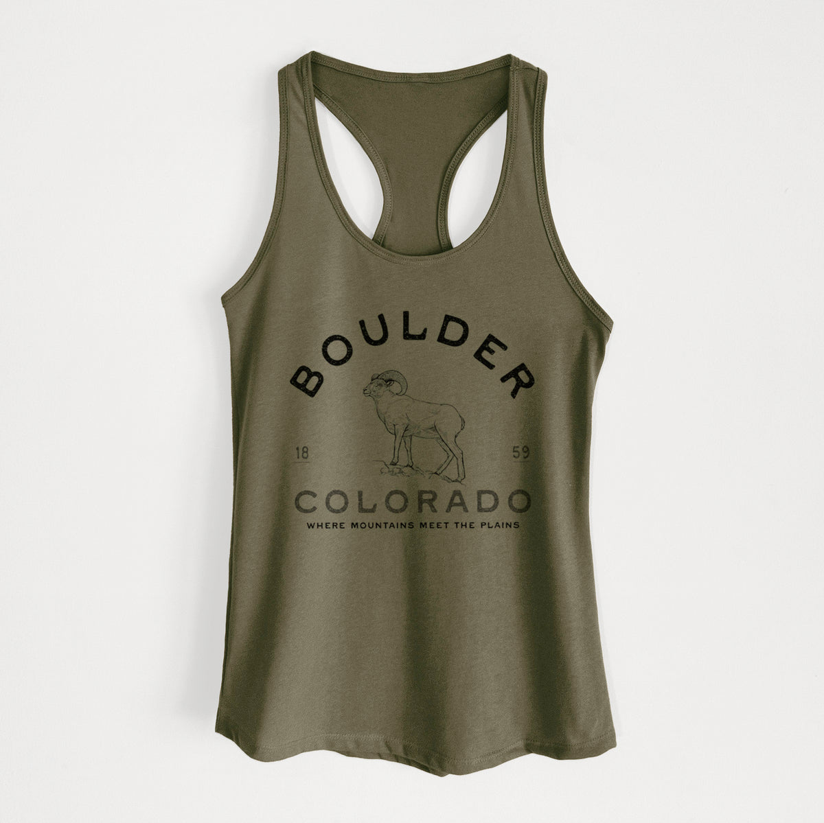 Military green women's racerback tank top laid flat, printed with a black ink bighorn sheep with the words Boulder Colorado, Where Mountains Meet the Plains, 1859.