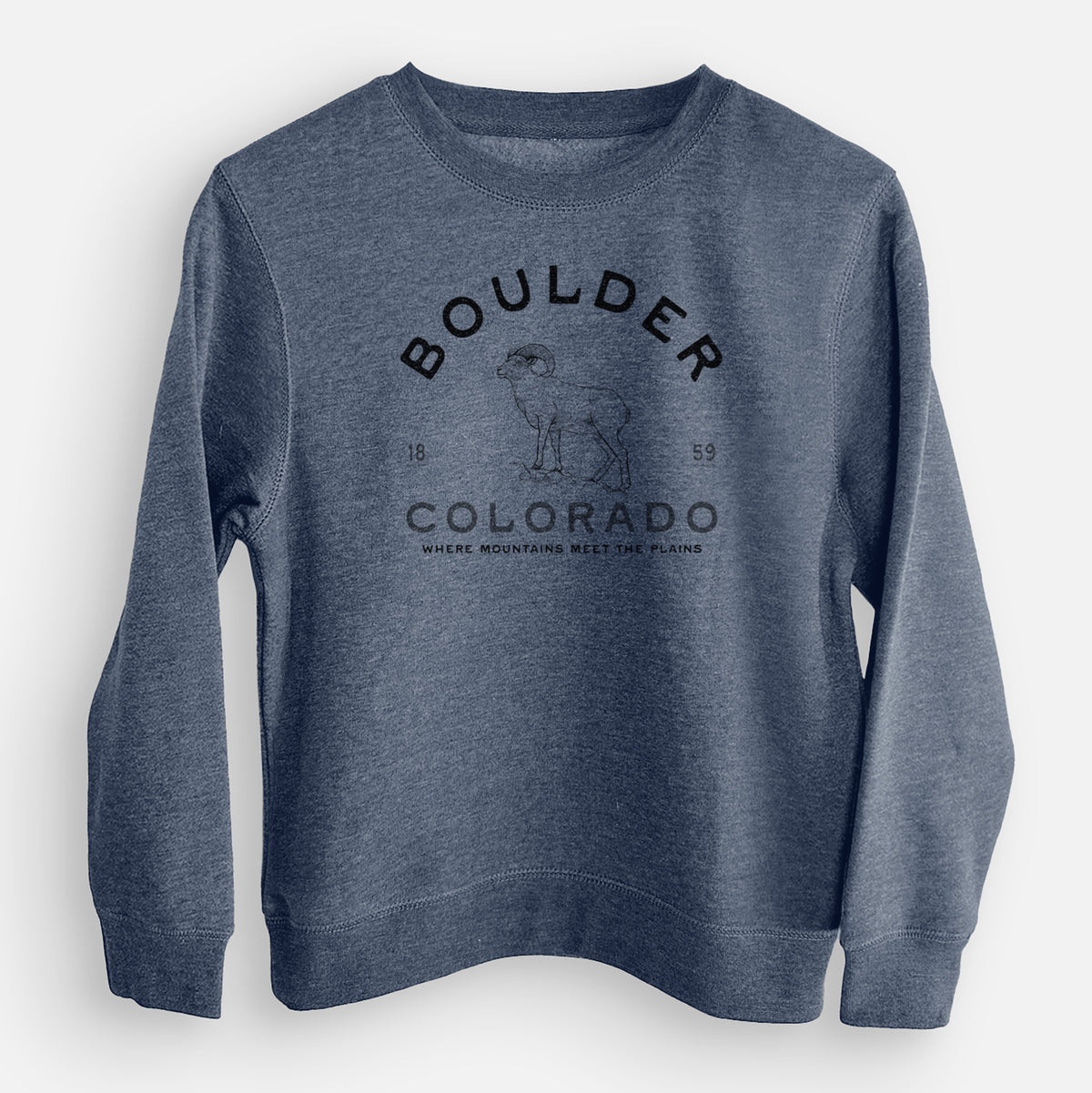 Storm blue youth crewneck sweatshirt laid flat, printed with a black ink bighorn sheep with the words Boulder Colorado, Where Mountains Meet the Plains, 1859.