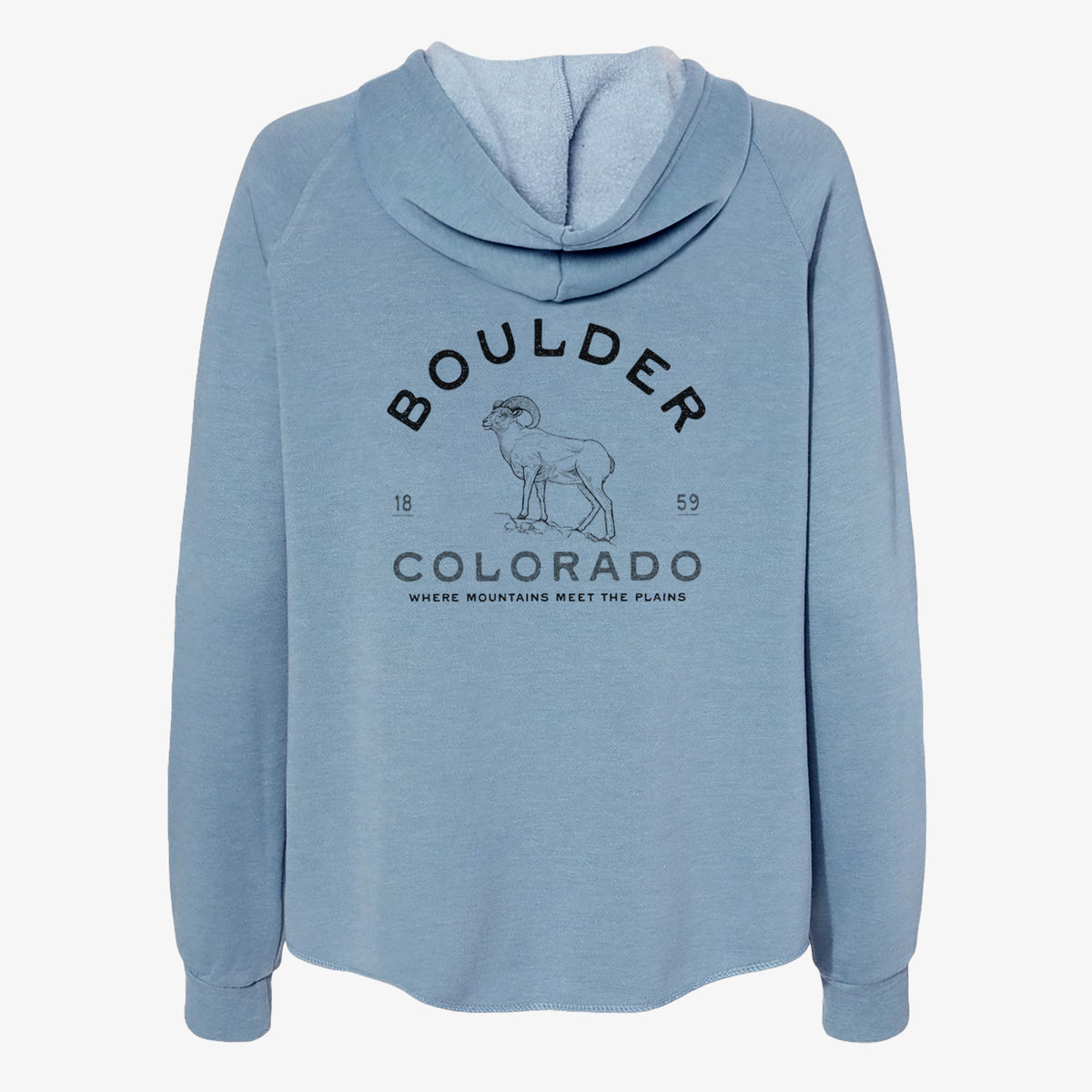 Misty blue women's Cali Wave zip-up sweatshirt laid flat, printed with a black ink bighorn sheep with the words Boulder Colorado, Where Mountains Meet the Plains, 1859.