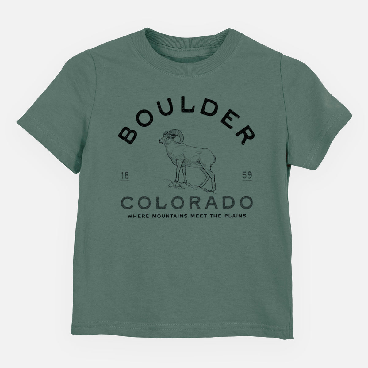 Basil green toddler t-shirt laid flat, printed with a black ink bighorn sheep with the words Boulder Colorado, Where Mountains Meet the Plains, 1859.