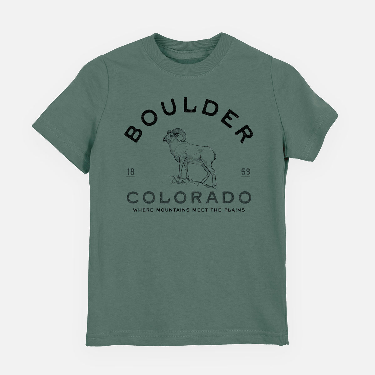 Basil green youth t-shirt laid flat, printed with a black ink bighorn sheep with the words Boulder Colorado, Where Mountains Meet the Plains, 1859.