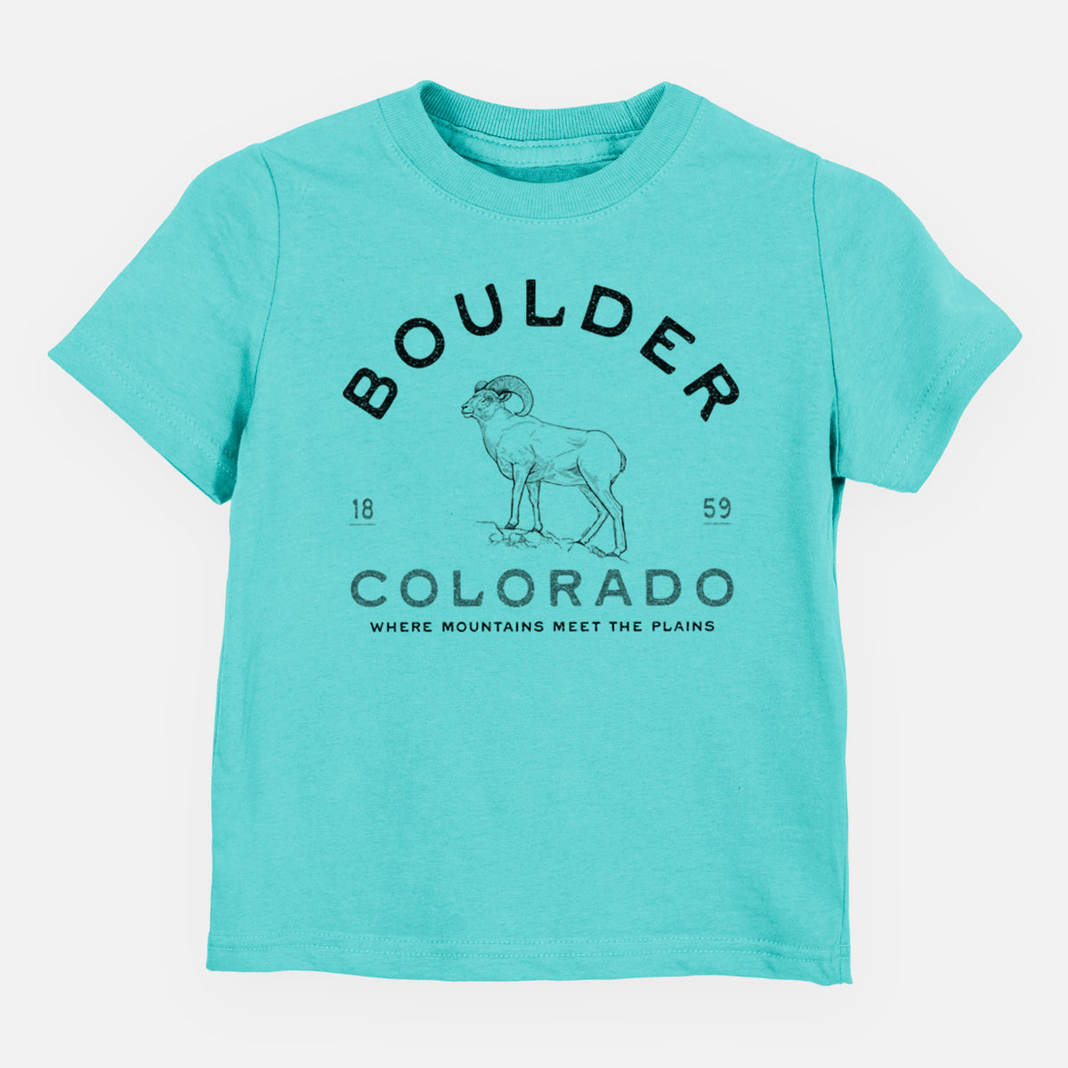 Caribbean blue toddler t-shirt laid flat, printed with a black ink bighorn sheep with the words Boulder Colorado, Where Mountains Meet the Plains, 1859.