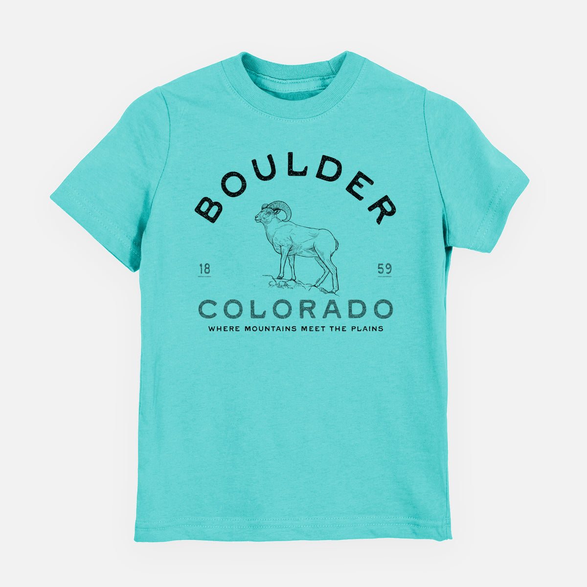 Caribbean blue youth t-shirt laid flat, printed with a black ink bighorn sheep with the words Boulder Colorado, Where Mountains Meet the Plains, 1859.