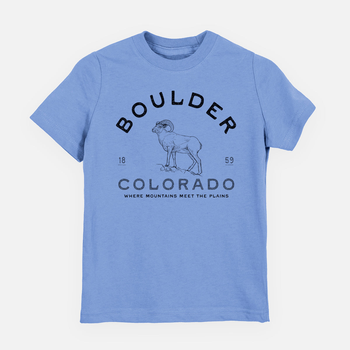 Carolina blue youth t-shirt laid flat, printed with a black ink bighorn sheep with the words Boulder Colorado, Where Mountains Meet the Plains, 1859.