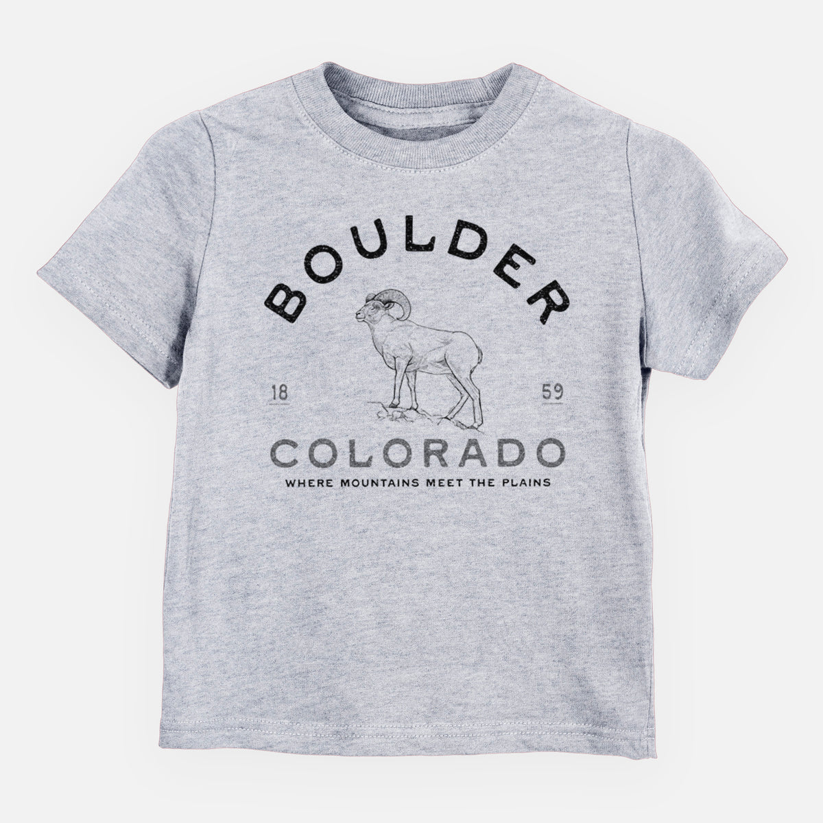 Heather grey toddler t-shirt laid flat, printed with a black ink bighorn sheep with the words Boulder Colorado, Where Mountains Meet the Plains, 1859.