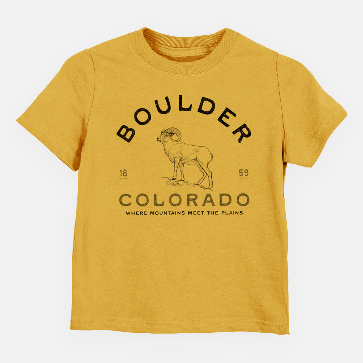 Honeycomb yellow toddler t-shirt laid flat, printed with a black ink bighorn sheep with the words Boulder Colorado, Where Mountains Meet the Plains, 1859.