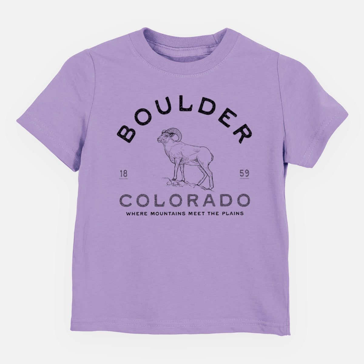 Lavender toddler t-shirt laid flat, printed with a black ink bighorn sheep with the words Boulder Colorado, Where Mountains Meet the Plains, 1859.