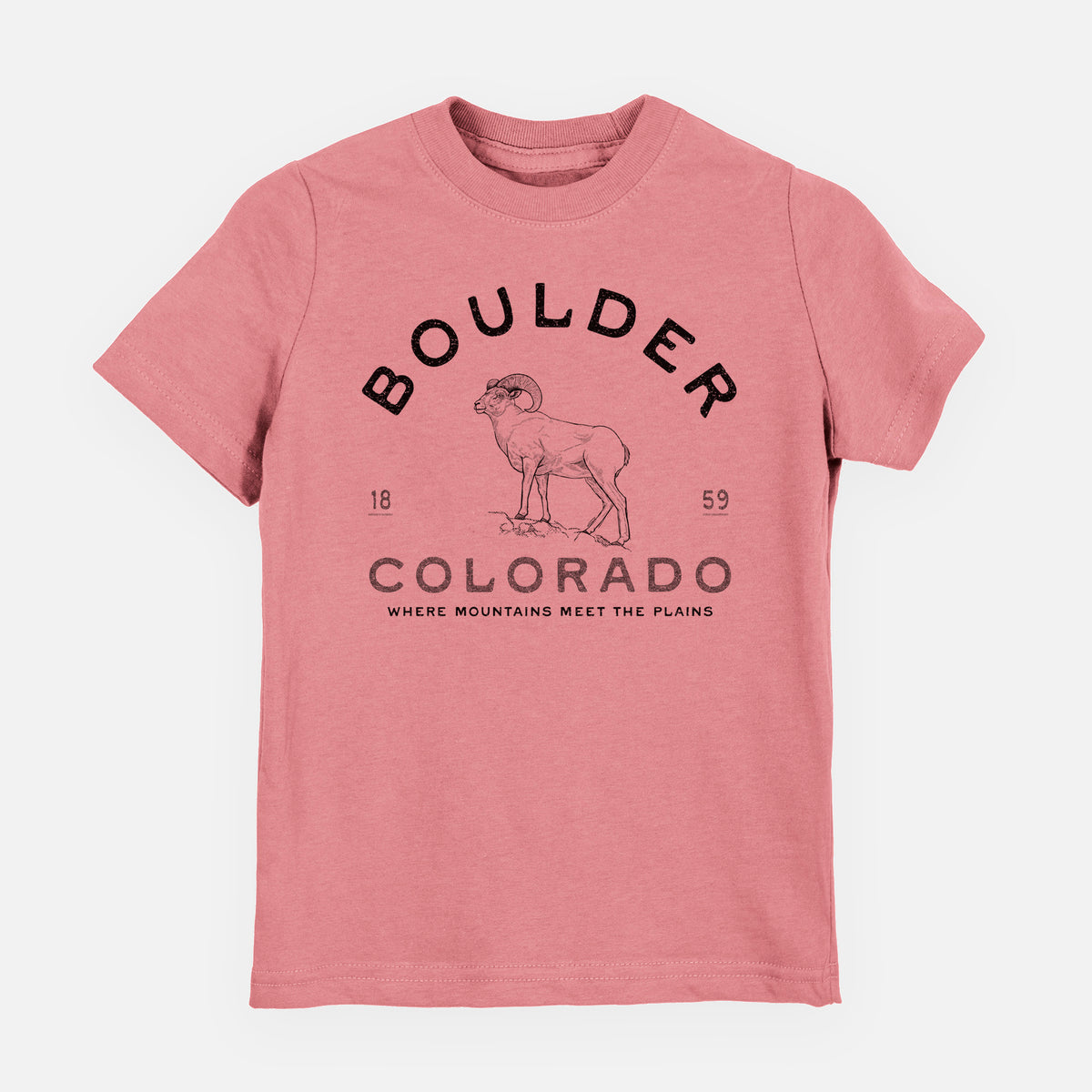 Mauve pink youth t-shirt laid flat, printed with a black ink bighorn sheep with the words Boulder Colorado, Where Mountains Meet the Plains, 1859.