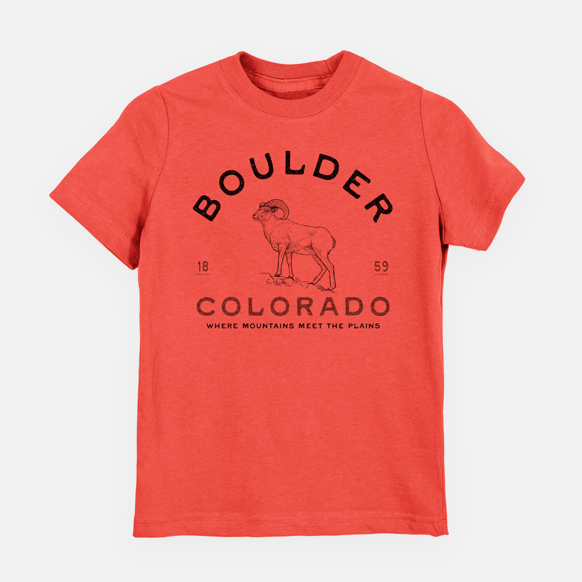 Passionfruit pink youth t-shirt laid flat, printed with a black ink bighorn sheep with the words Boulder Colorado, Where Mountains Meet the Plains, 1859.