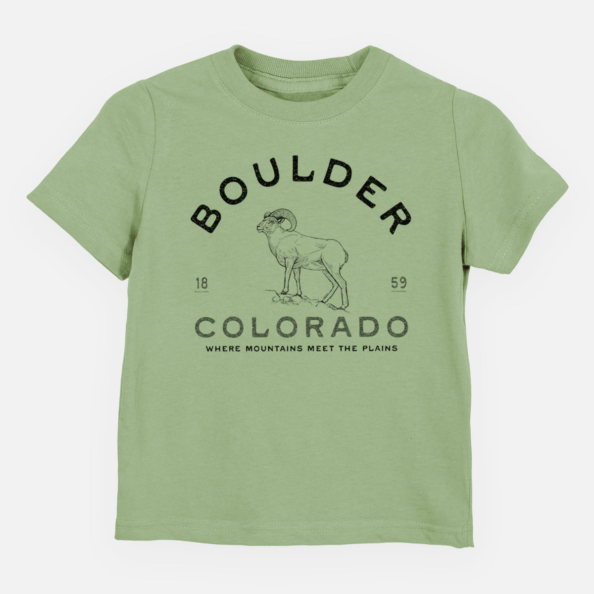 Sage green toddler t-shirt laid flat, printed with a black ink bighorn sheep with the words Boulder Colorado, Where Mountains Meet the Plains, 1859.