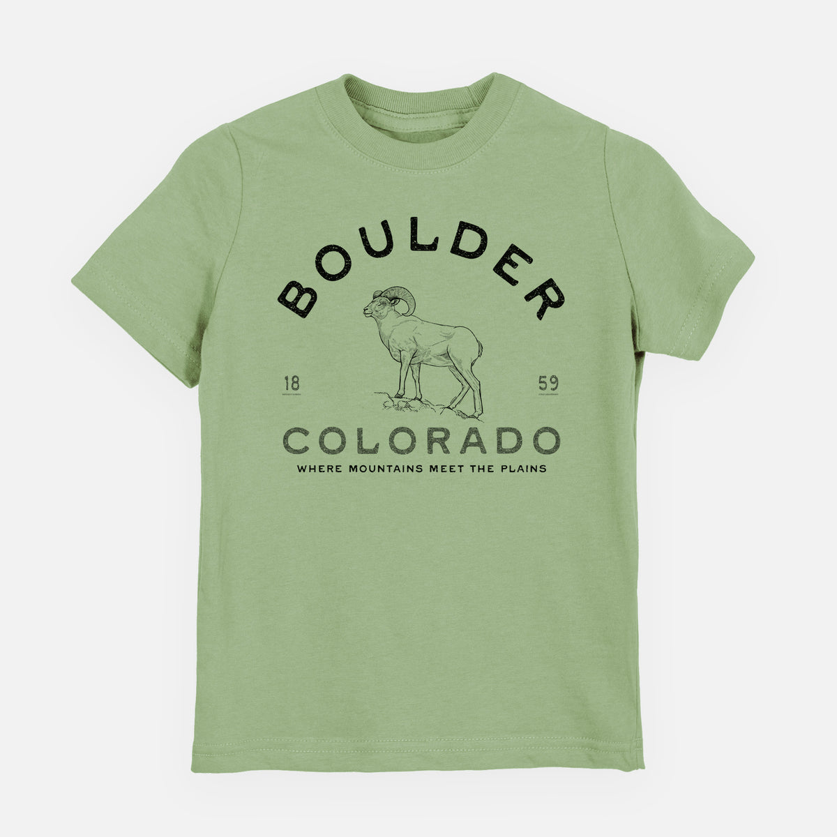 Sage green youth t-shirt laid flat, printed with a black ink bighorn sheep with the words Boulder Colorado, Where Mountains Meet the Plains, 1859.