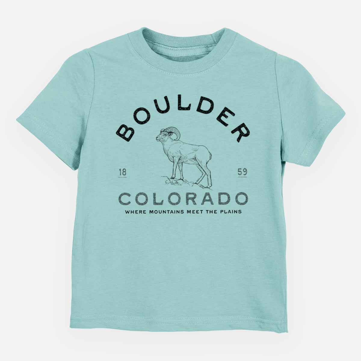 Saltwater toddler t-shirt laid flat, printed with a black ink bighorn sheep with the words Boulder Colorado, Where Mountains Meet the Plains, 1859.