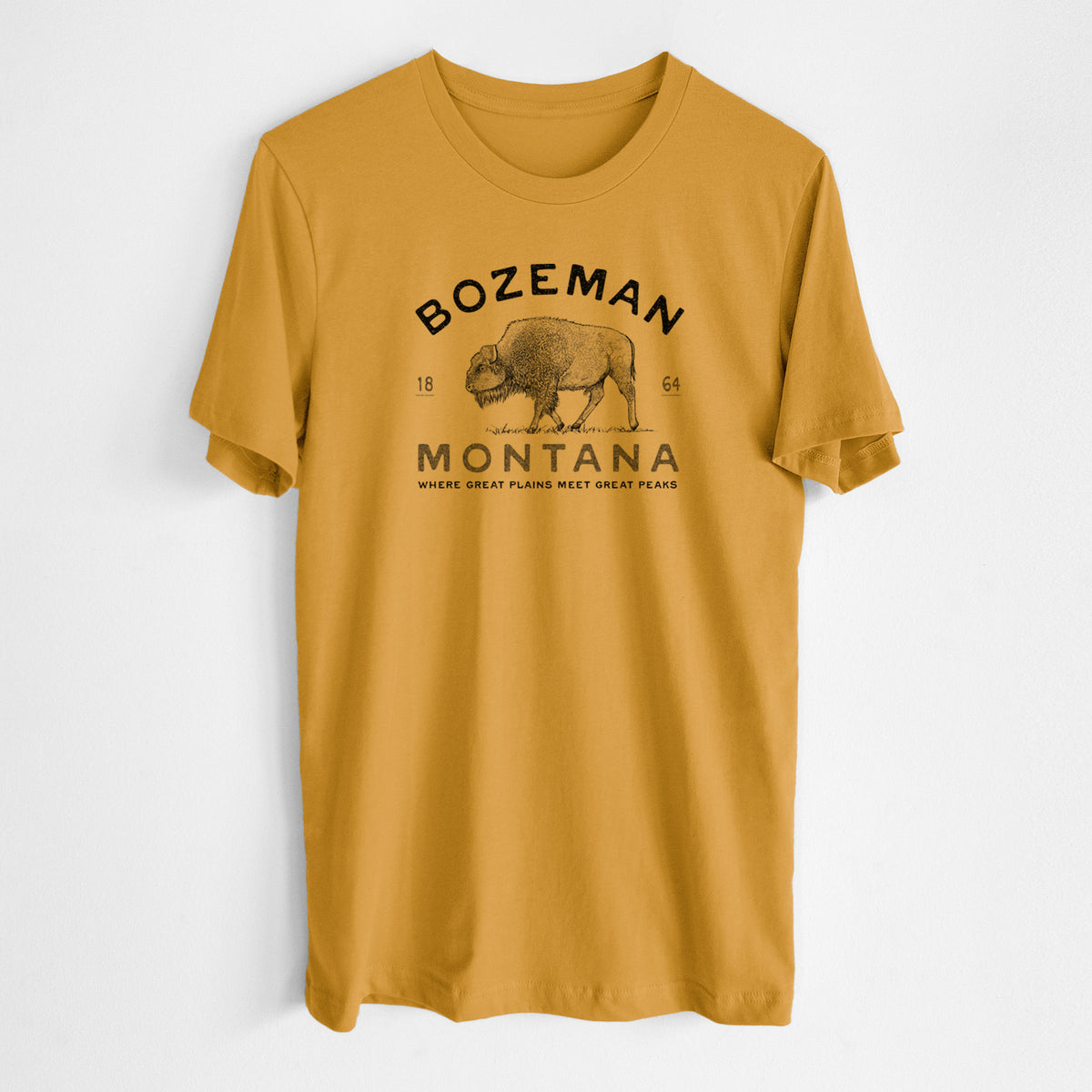 Honeycomb yellow lightweight cotton t-shirt laid flat, printed with a black ink bison with the words Bozeman Montana, 1864, Where Great Plains Meet Great Peaks.