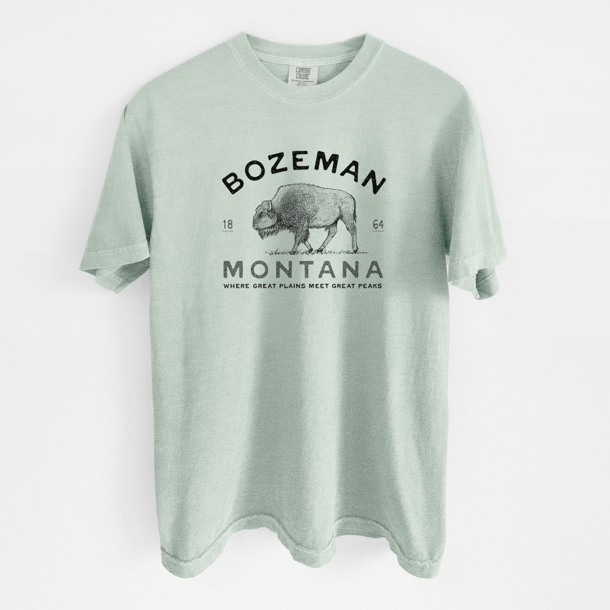 Bay green Comfort Colors t-shirt laid flat, printed with a black ink bison with the words Bozeman Montana, 1864, Where Great Plains Meet Great Peaks.