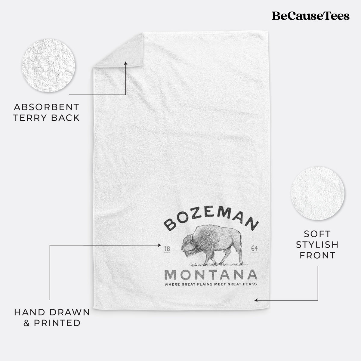 White hand towel printed with a black ink bison with the words Bozeman Montana, 1864, Where Great Plains Meet Great Peaks.