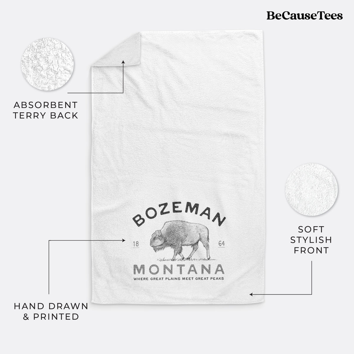 White hand towel printed with a black ink bison with the words Bozeman Montana, 1864, Where Great Plains Meet Great Peaks.