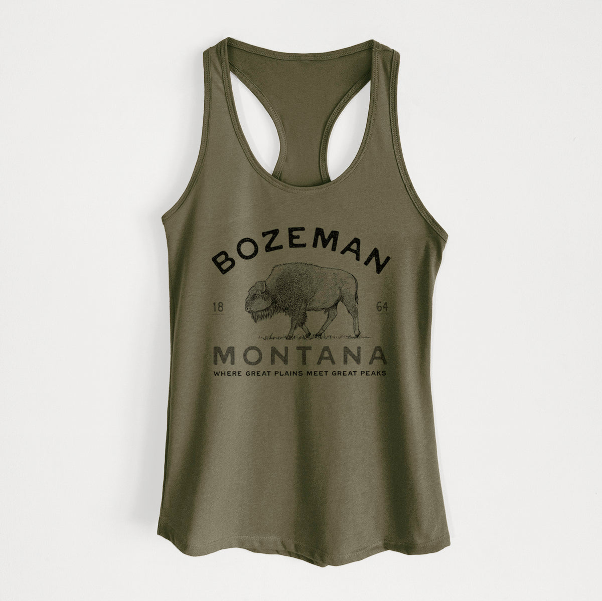 Military green women's racerback tank top laid flat, printed with a black ink bison with the words Bozeman Montana, 1864, Where Great Plains Meet Great Peaks.