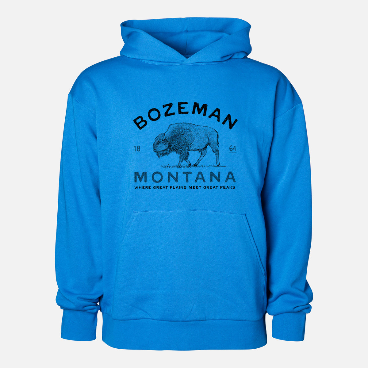 Bozeman Montana Bison - Statement Midweight Hoodie in Azure Blue, shown from the front with the design printed on the chest above a front kangaroo pocket.