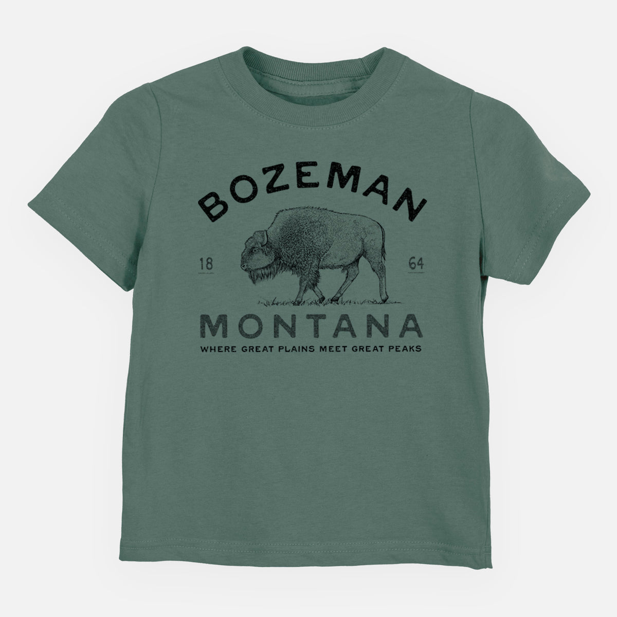 Basil green toddler t-shirt laid flat, printed with a black ink bison with the words Bozeman Montana, 1864, Where Great Plains Meet Great Peaks.