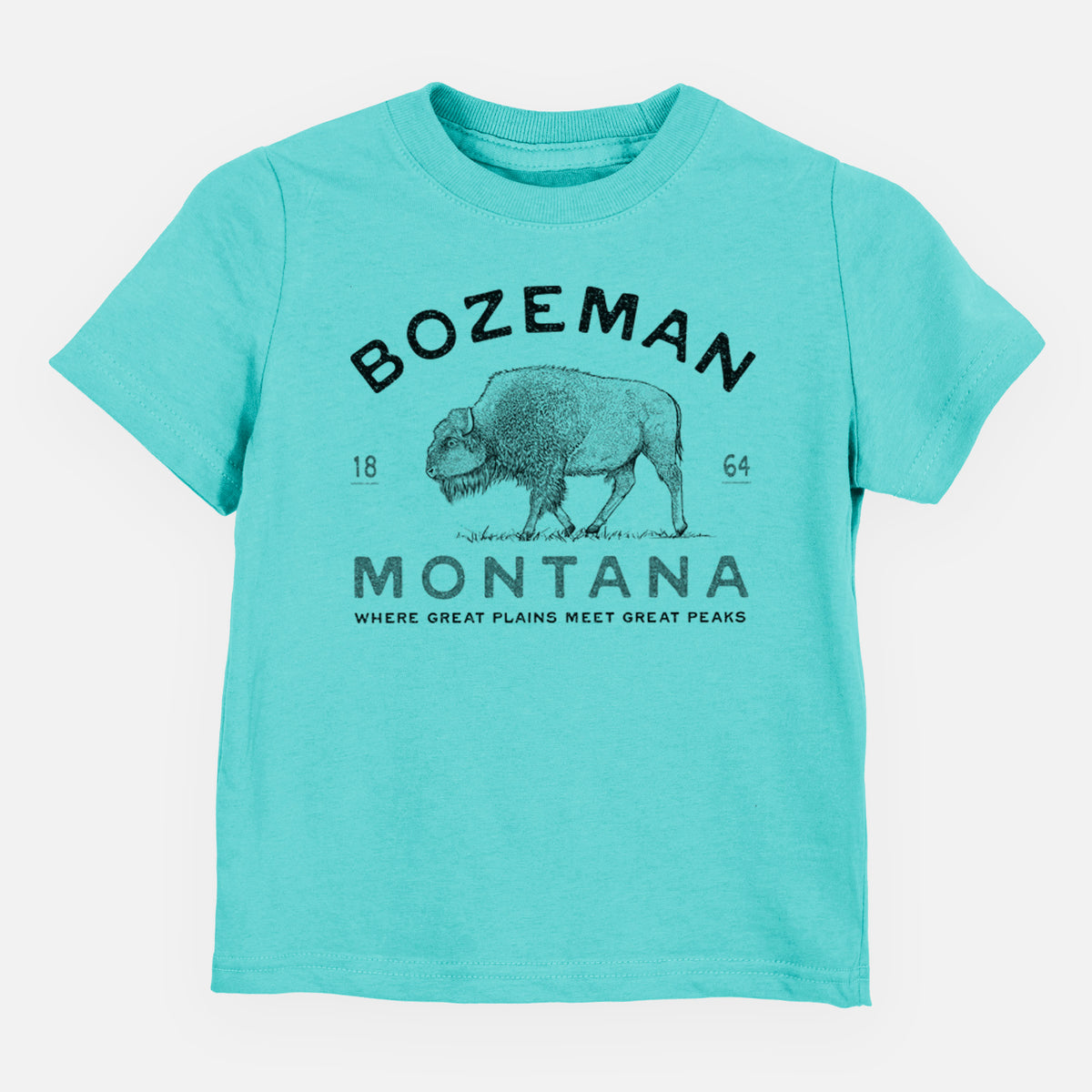 Caribbean blue toddler t-shirt laid flat, printed with a black ink bison with the words Bozeman Montana, 1864, Where Great Plains Meet Great Peaks.