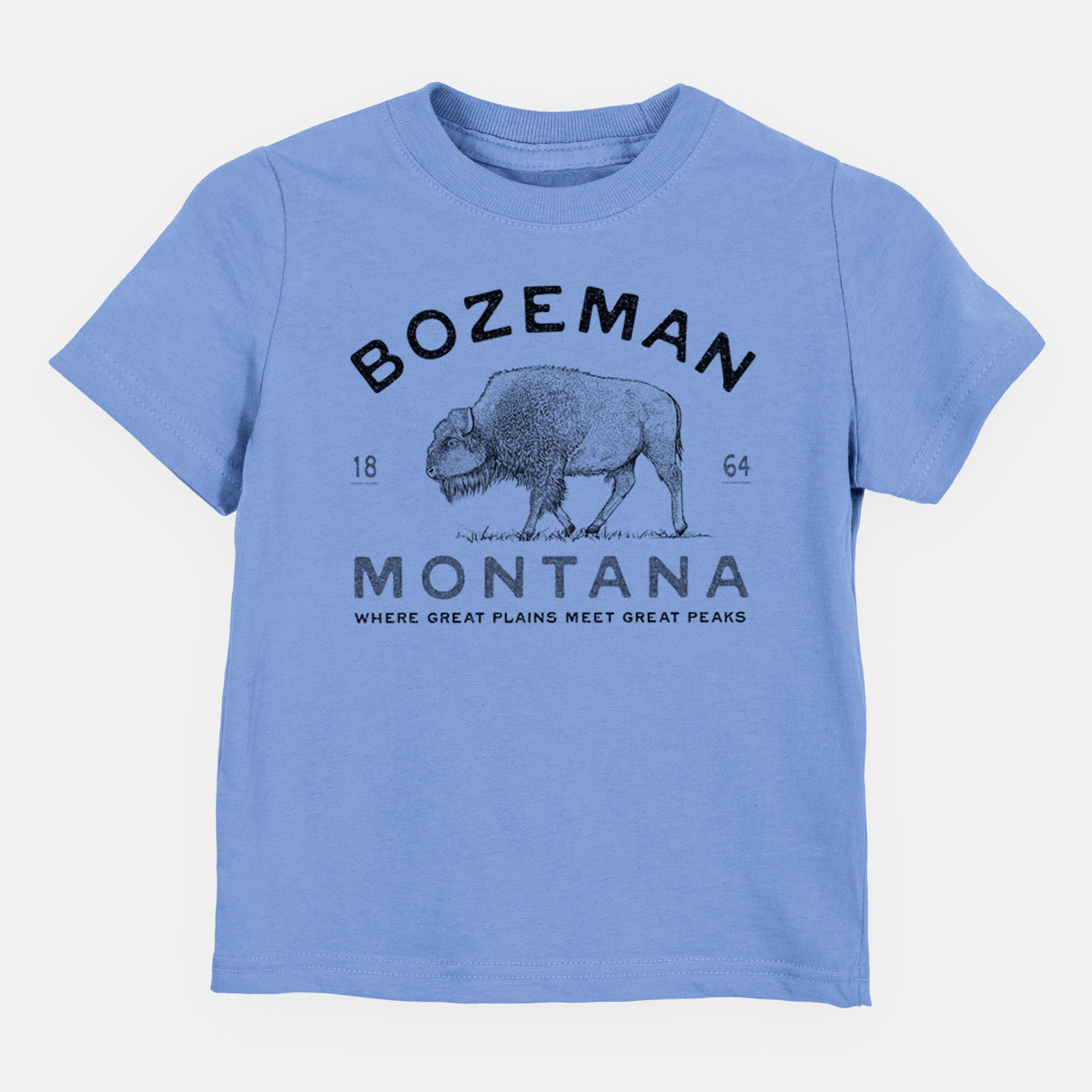 Carolina blue toddler t-shirt laid flat, printed with a black ink bison with the words Bozeman Montana, 1864, Where Great Plains Meet Great Peaks.