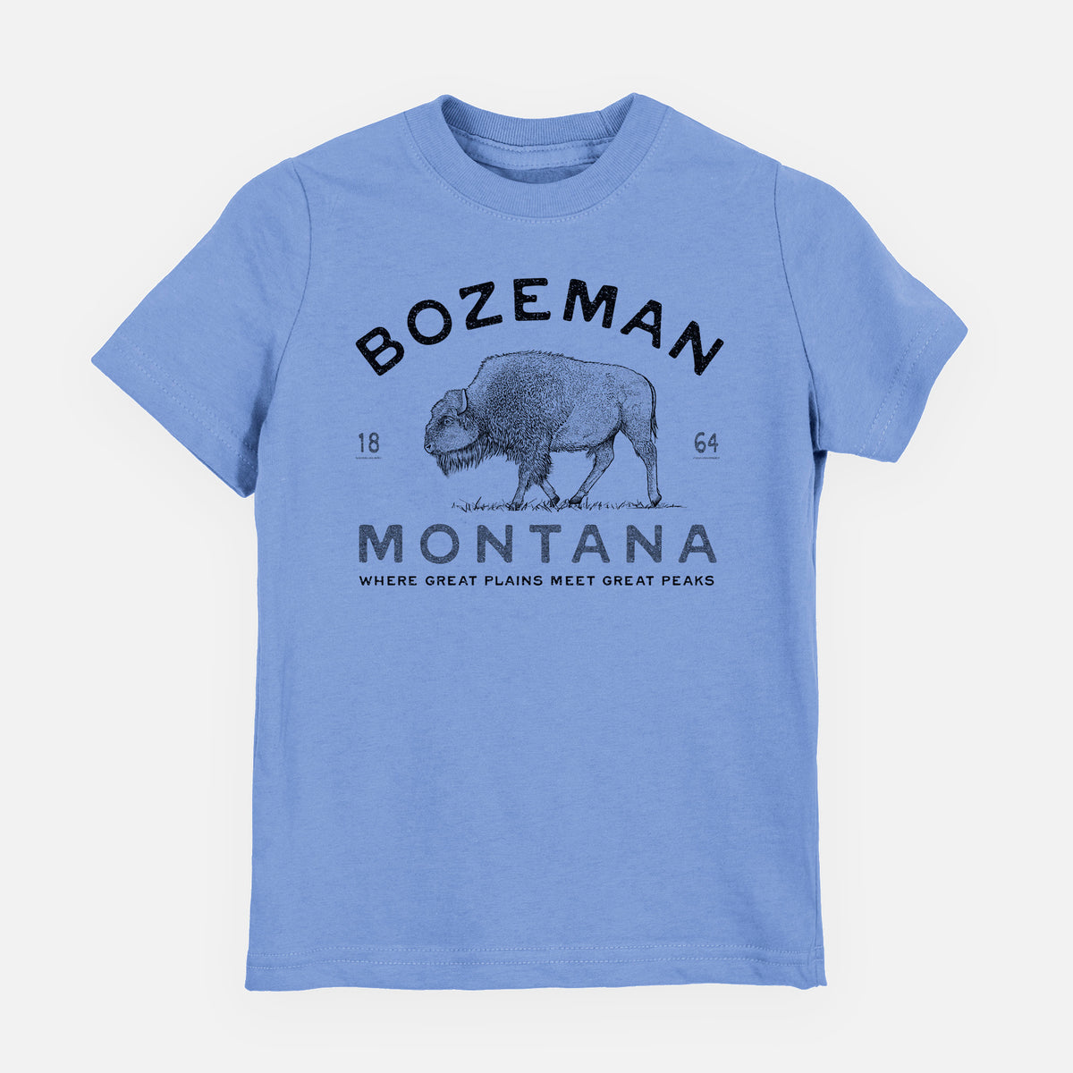 Carolina blue youth t-shirt laid flat, printed with a black ink bison with the words Bozeman Montana, 1864, Where Great Plains Meet Great Peaks.