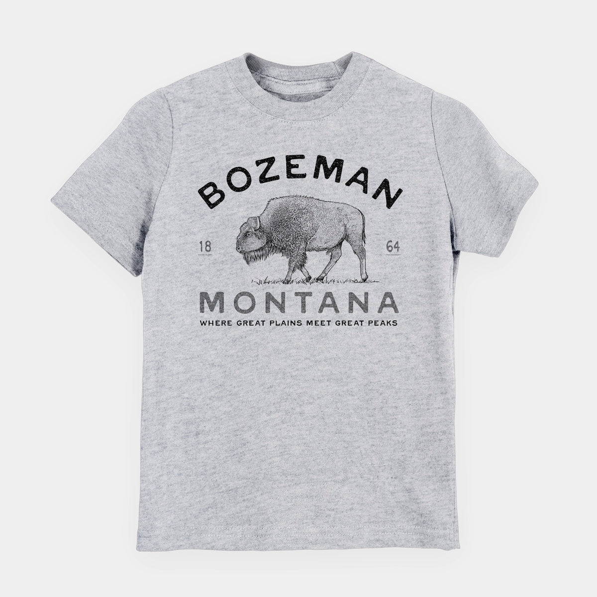 Heather grey youth t-shirt laid flat, printed with a black ink bison with the words Bozeman Montana, 1864, Where Great Plains Meet Great Peaks.