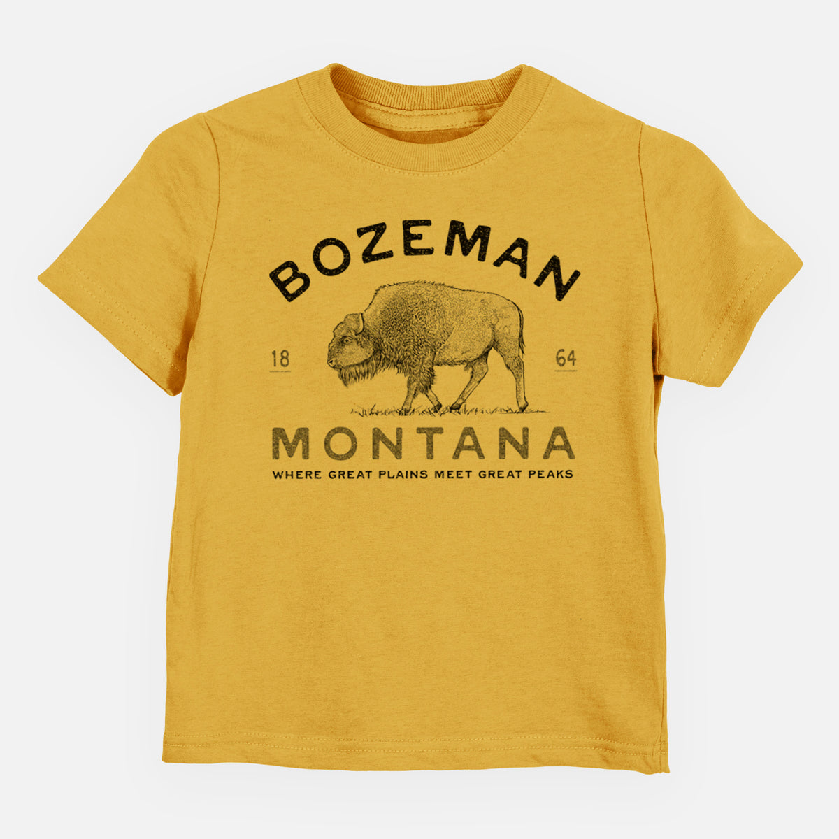 Honeycomb yellow toddler t-shirt laid flat, printed with a black ink bison with the words Bozeman Montana, 1864, Where Great Plains Meet Great Peaks.